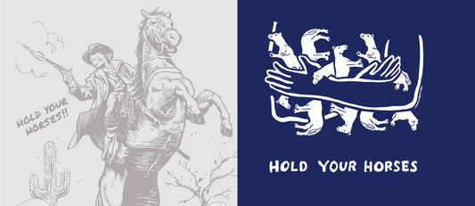 Graphic illustration of arms holding tiny horses