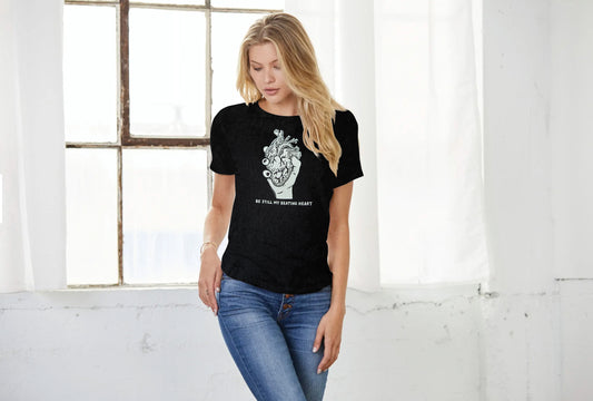 Be Still My Beating Heart graphic black t-shirt for women