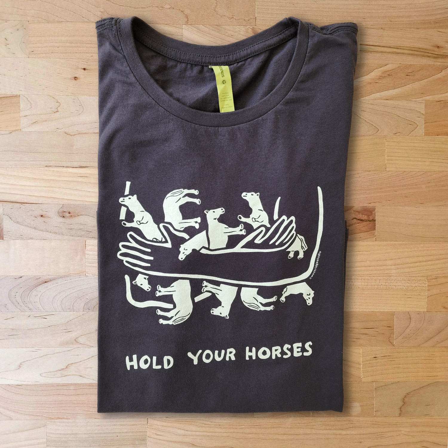 Hold Your Horses eco graphic navy t-shirt for unisex and men's cuts