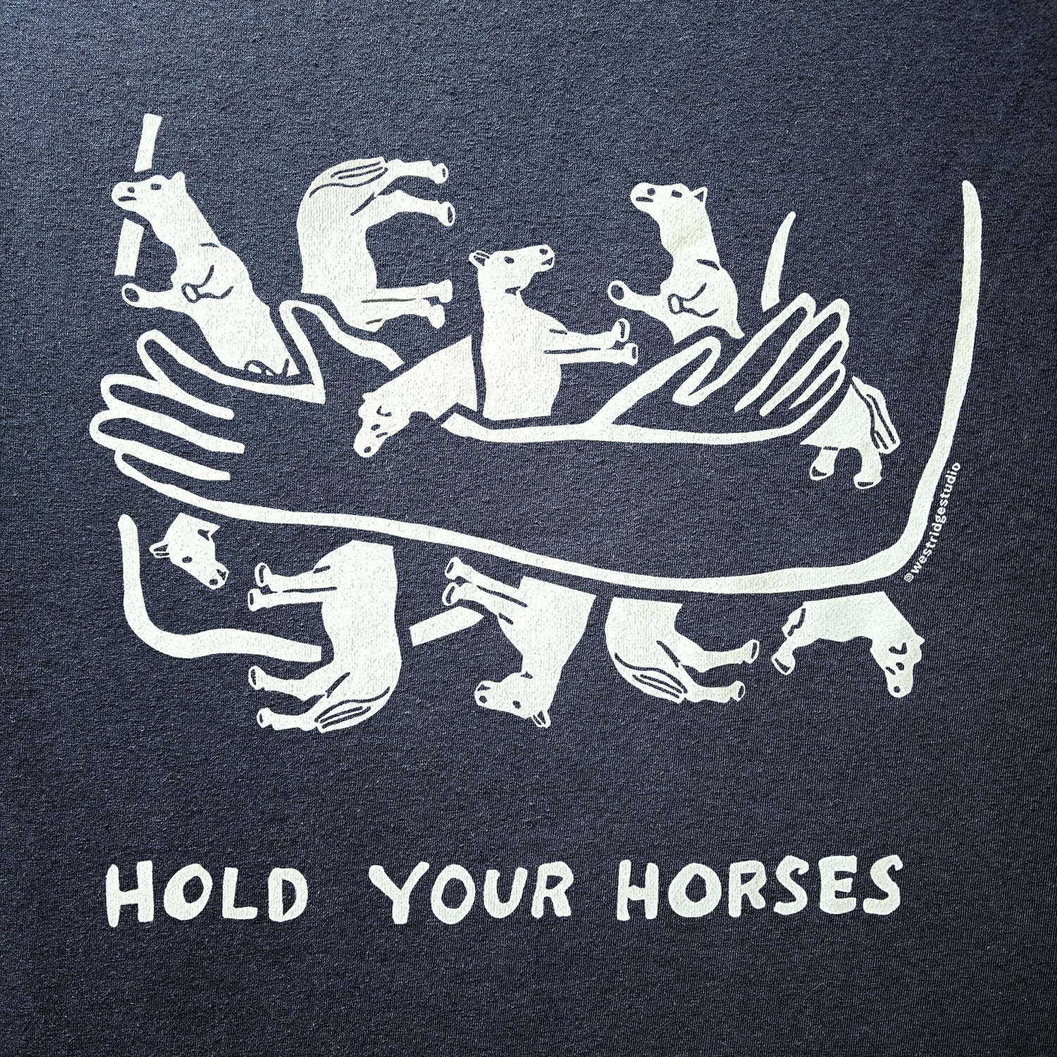 Hold Your Horses eco graphic navy t-shirt for unisex and men's cuts - detail of held horses