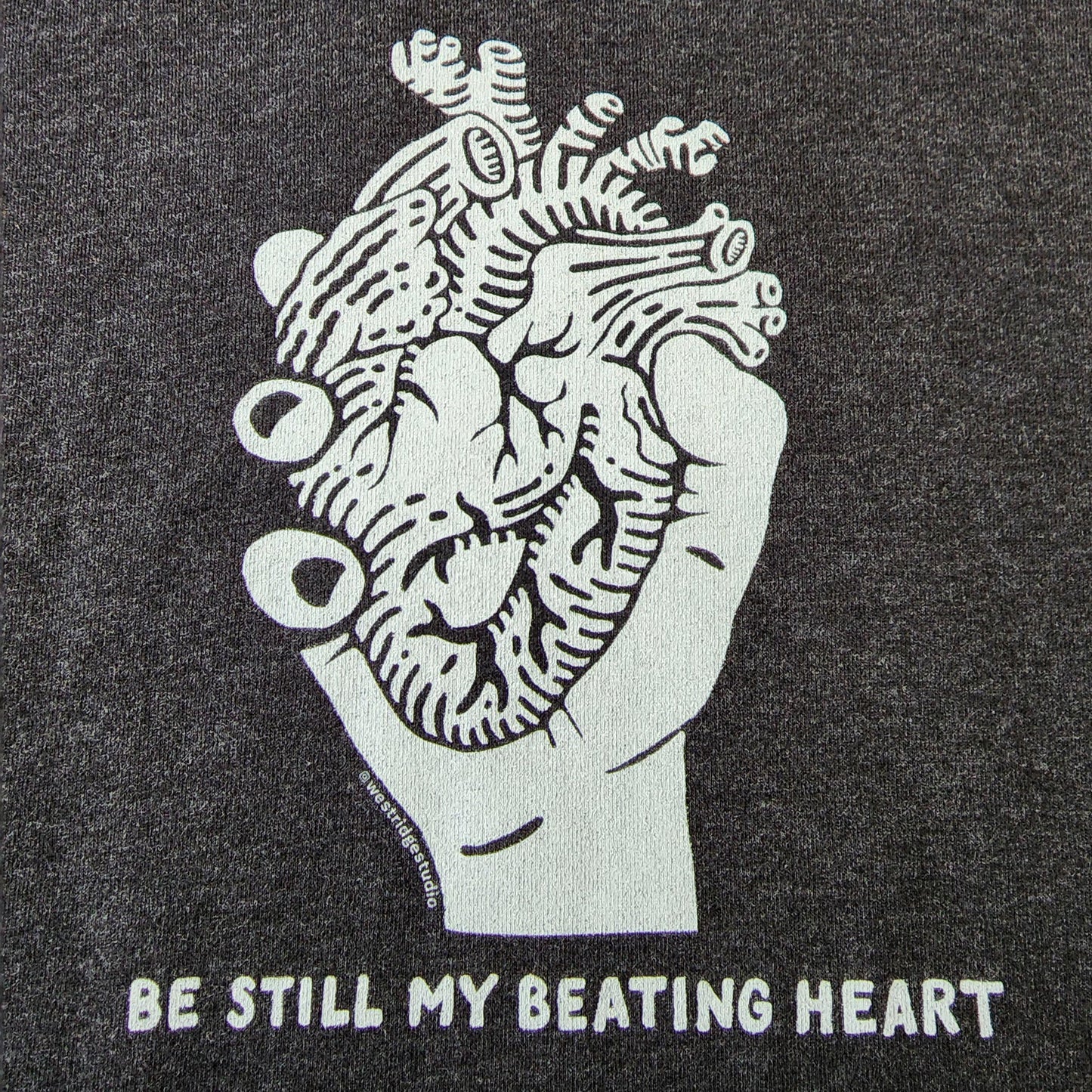 Be Still My Beating Heart graphic black men's pullover hoodie - detail of heart graphic