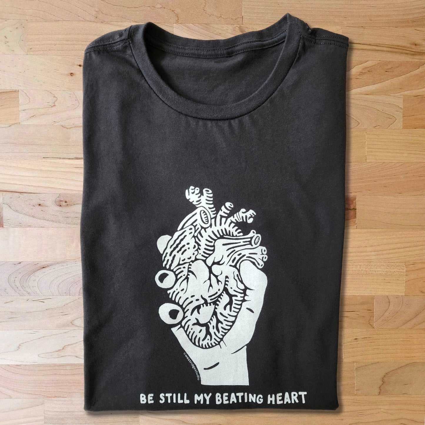 Be Still My Beating Heart eco graphic black t-shirt for unisex and men's cuts