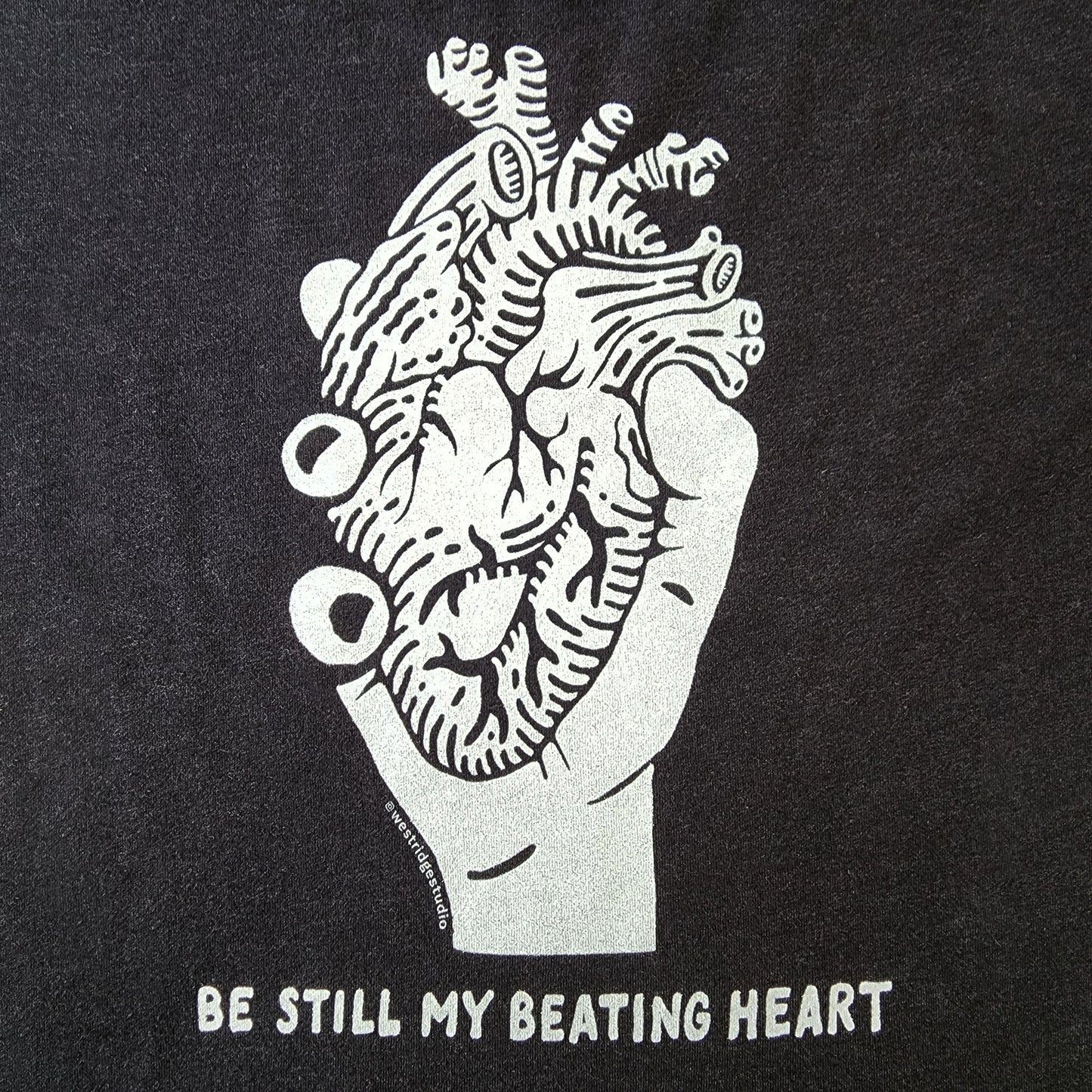 Be Still My Beating Heart graphic black tank top for women - detail of heart graphic