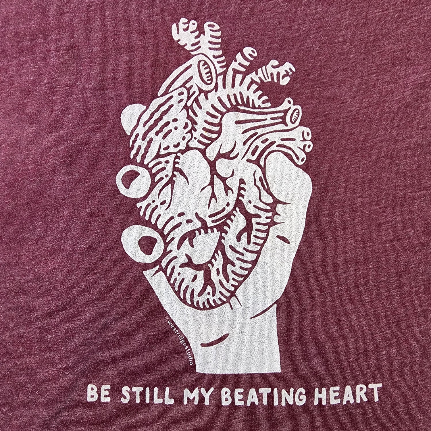 Be Still My Beating Heart graphic maroon tank top for women - detail of heart graphic