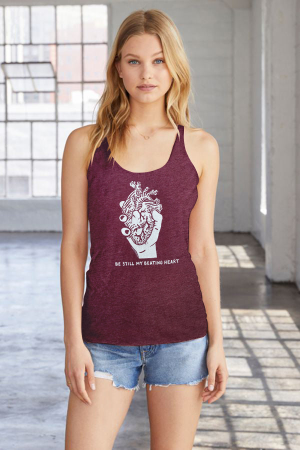 Be Still My Beating Heart graphic maroon tank top for women